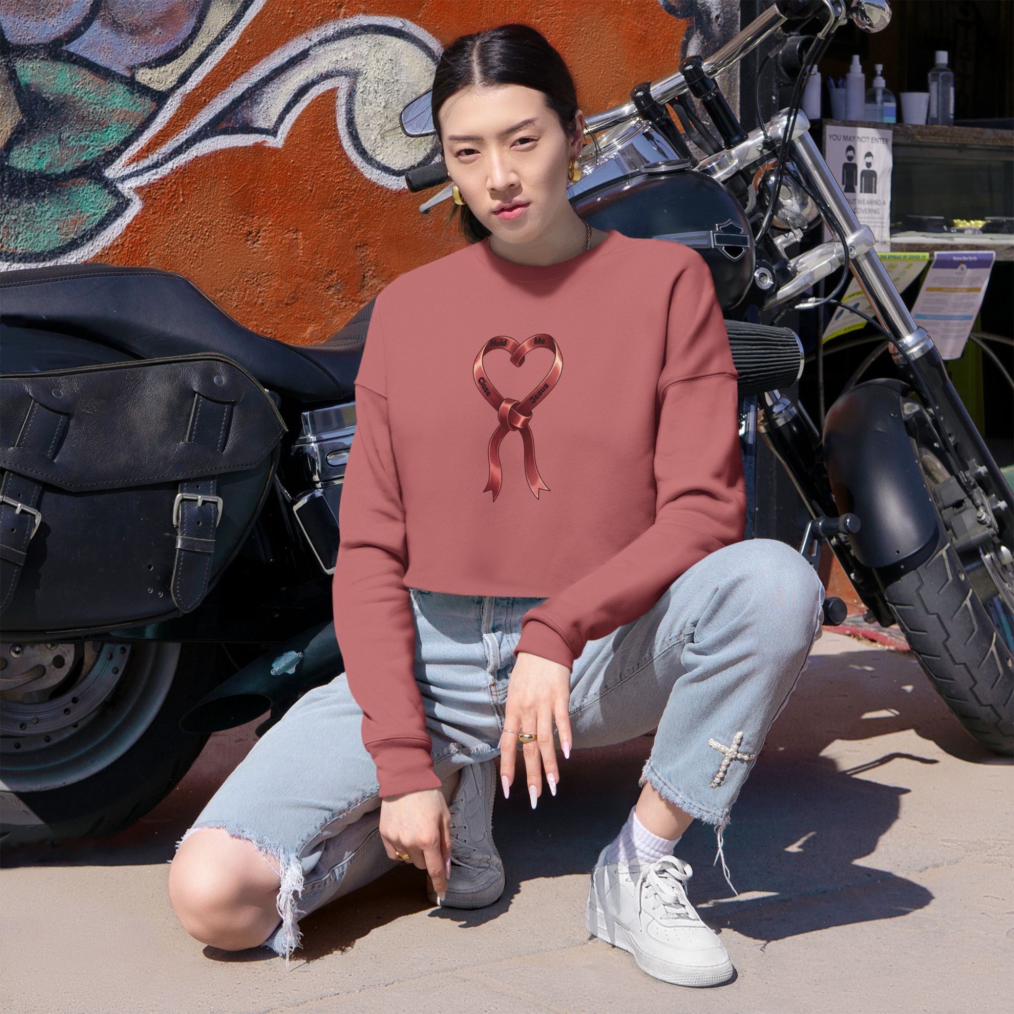 Breast Cancer Awareness Heart Ribbon Cropped Sweatshirt