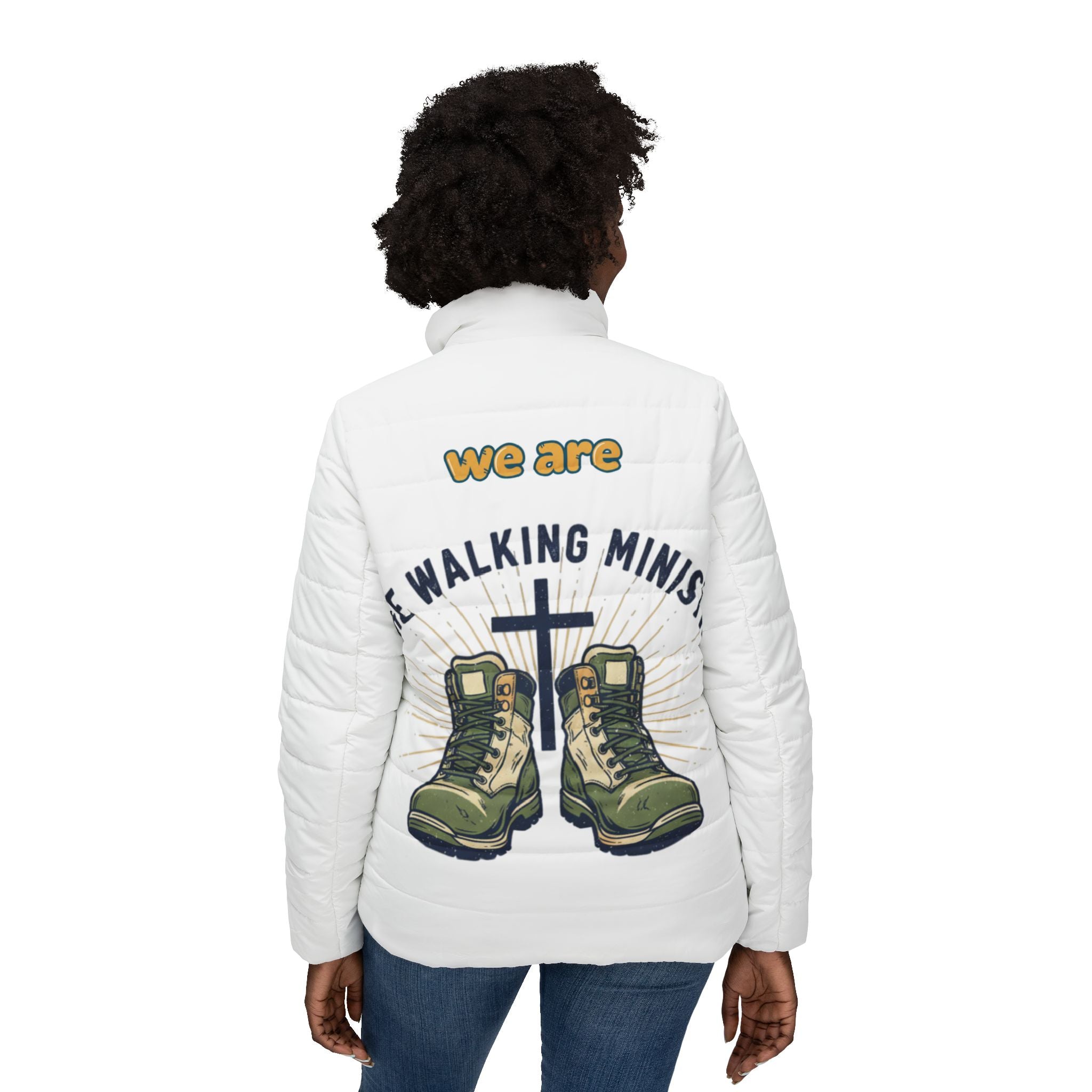 Women’s Puffer Jacket — “We Are The Walking Ministry” Graphic