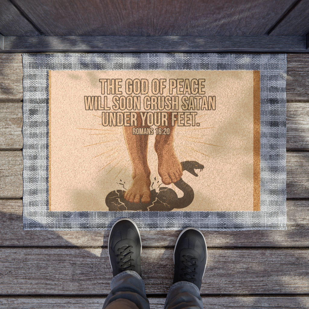 Doormat — "The God of Peace Will Soon Crush Satan Under Your Feet" Christian Welcome Mat (Romans 16:20)