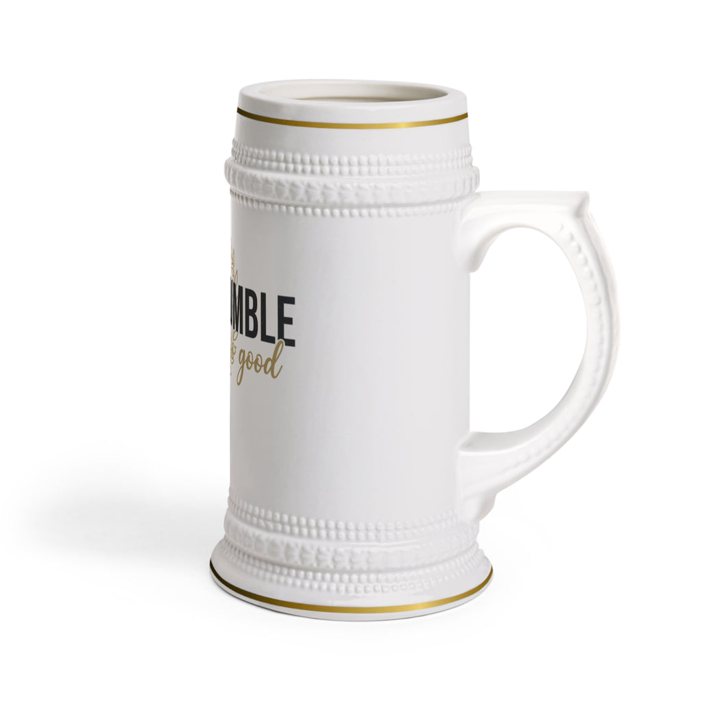 Staying Humble Beer Stein Mug — Ceramic German-Style Beer Tankard with Gold Accents