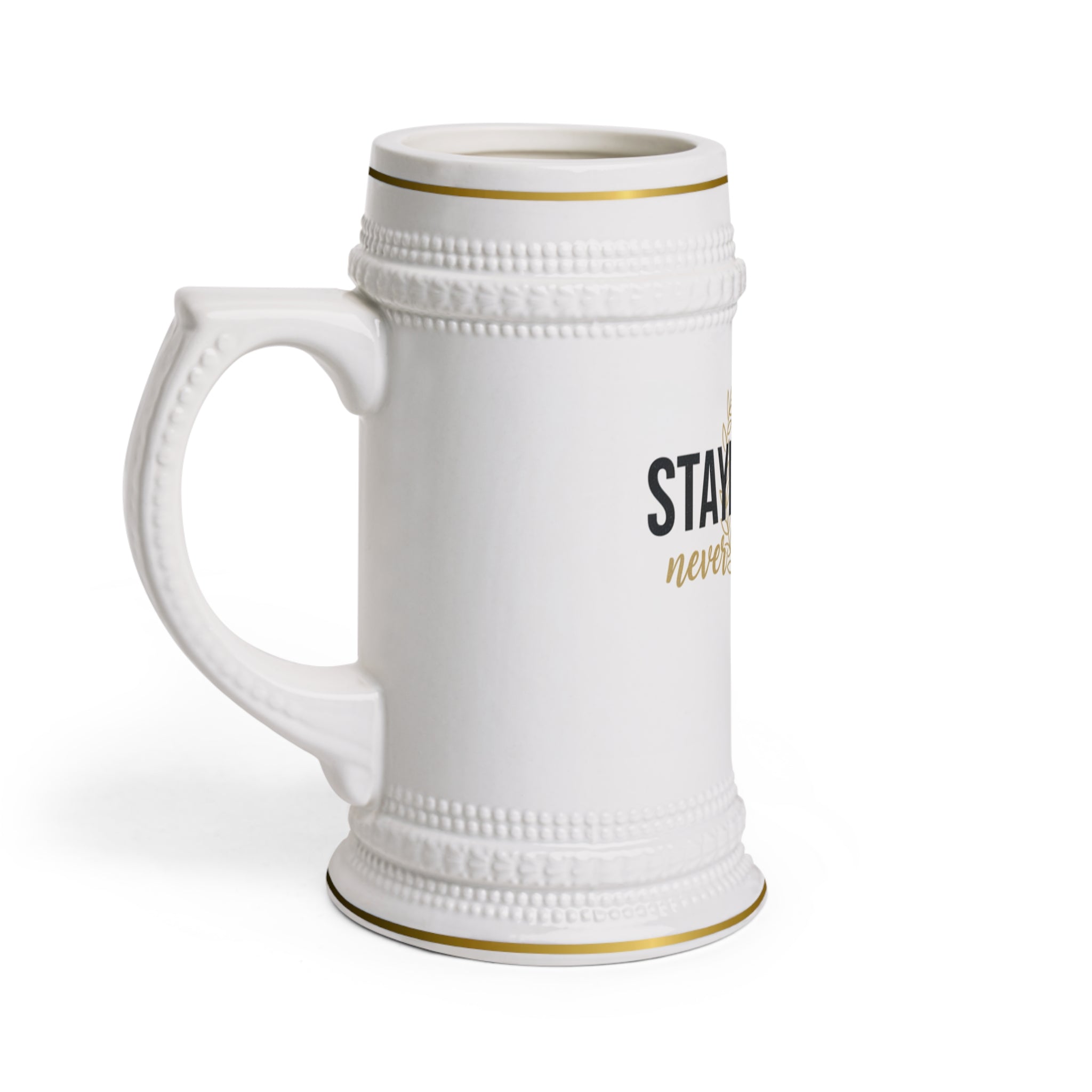 Staying Humble Beer Stein Mug — Ceramic German-Style Beer Tankard with Gold Accents