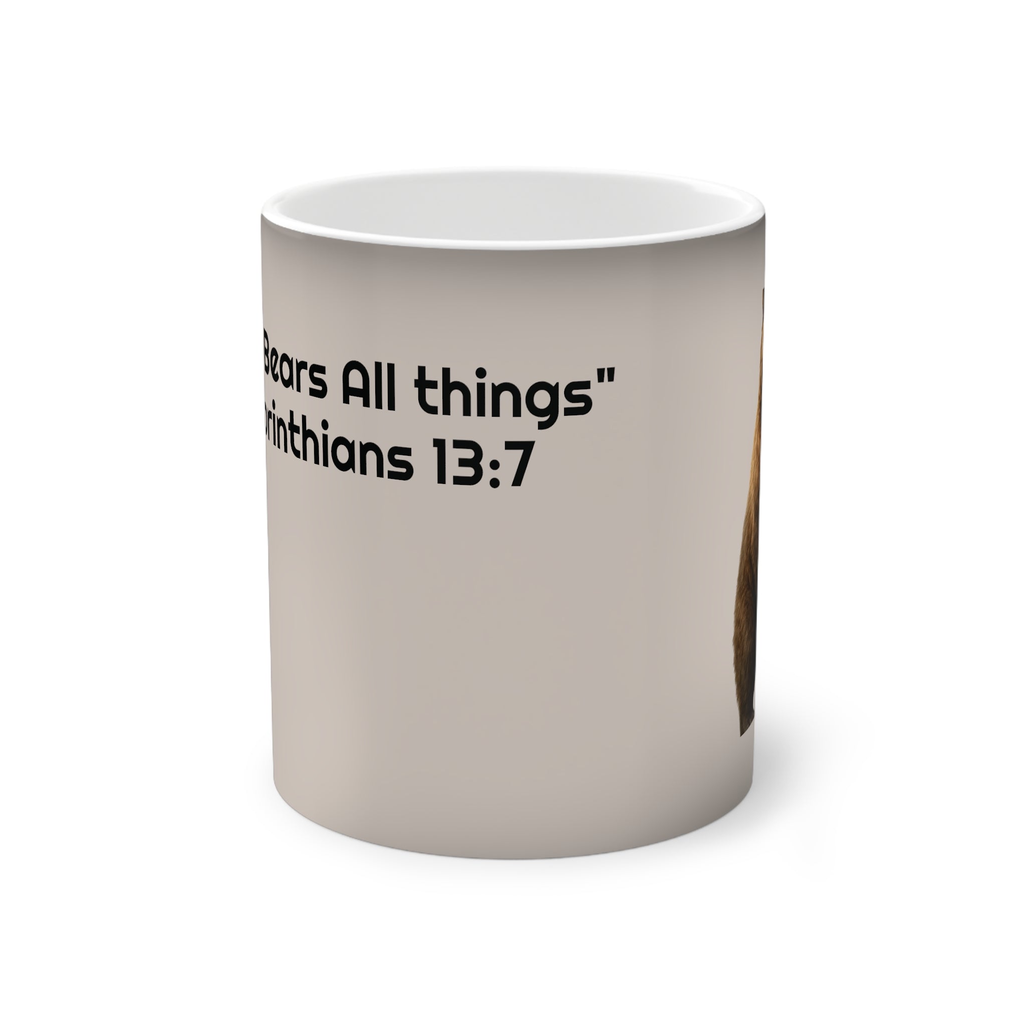 Color-Changing Mug — "Love Bears all things" 1 Corinthians 13: 7 Quote Coffee Mug