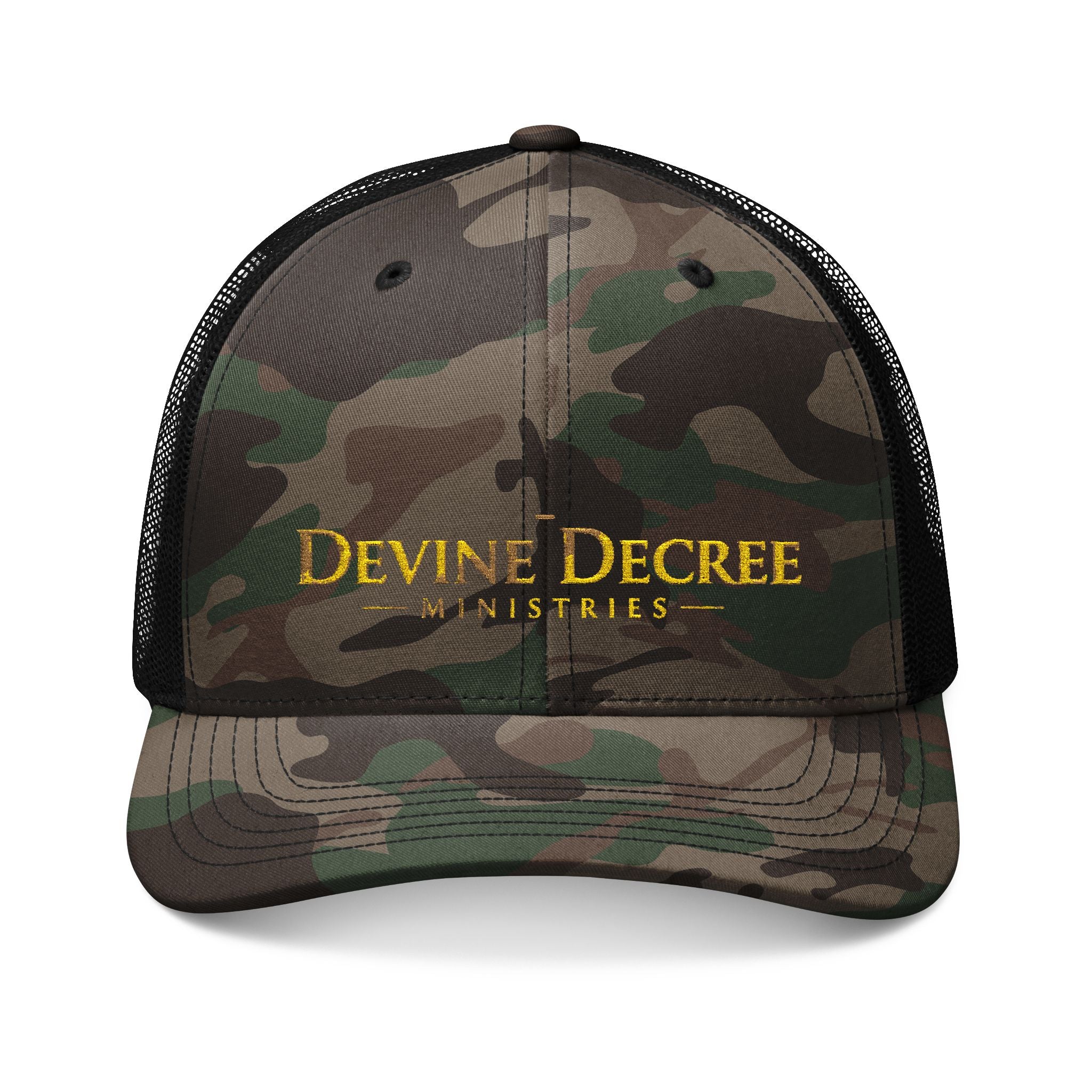 Embroidered Camo Trucker Hat — "Devine Decree" Logo