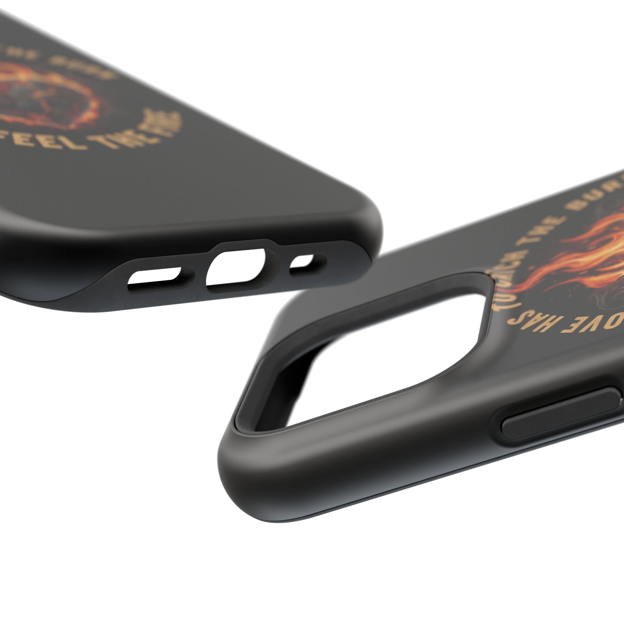 Magnetic Impact-Resistant Phone Case — “Love Has to Catch the Burn to Feel the Fire” Flaming Heart Design