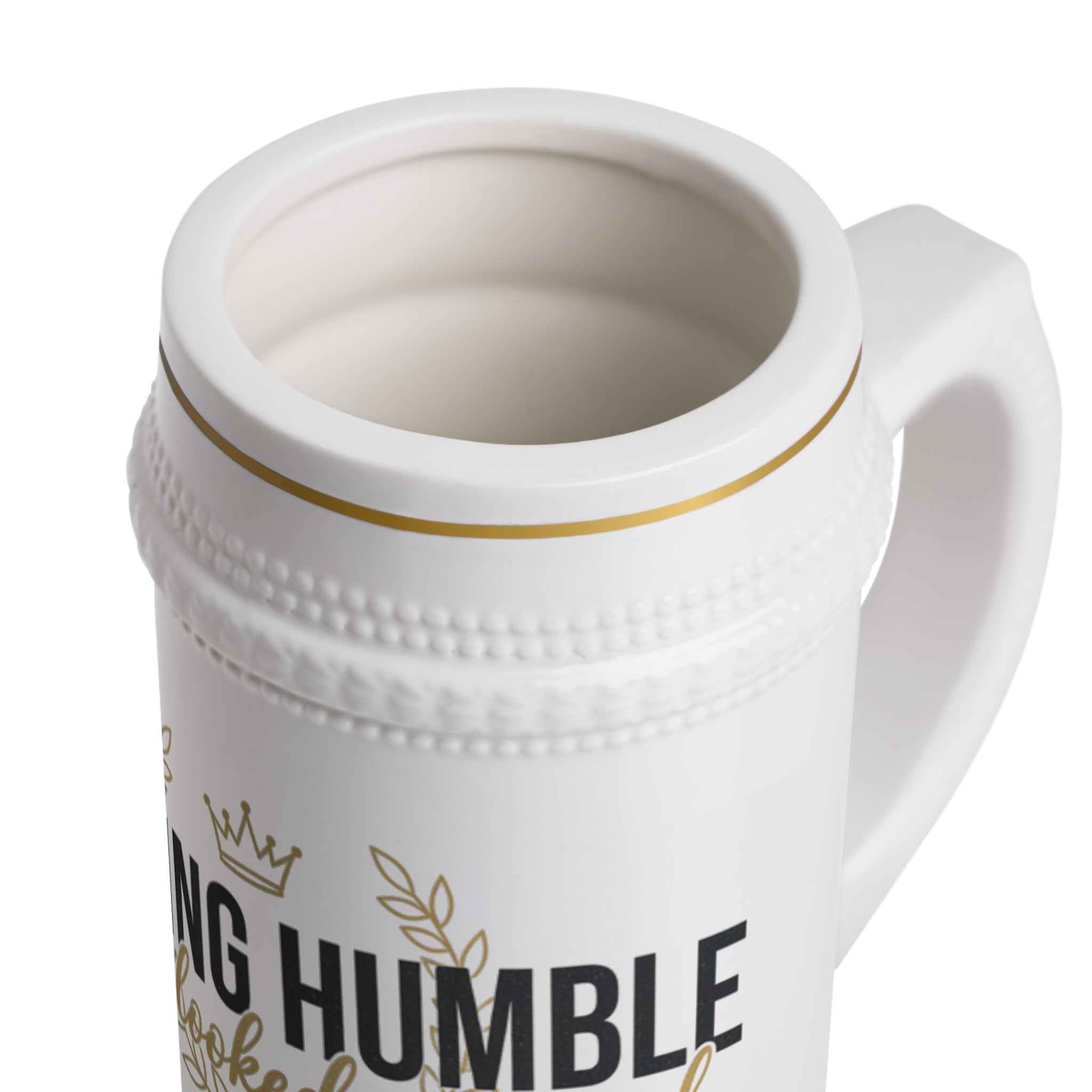 Staying Humble Beer Stein Mug — Ceramic German-Style Beer Tankard with Gold Accents