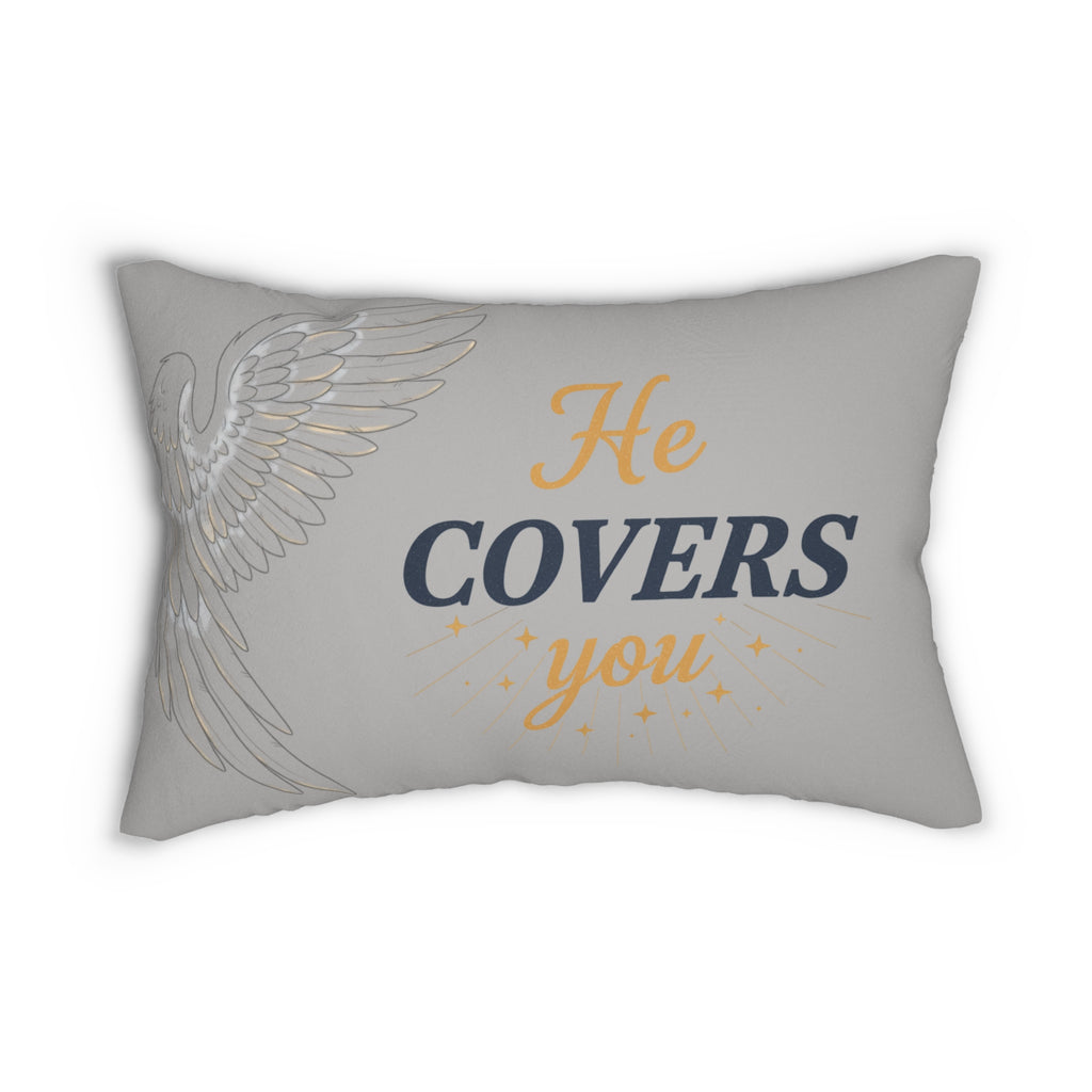 Lumbar Pillow — "He Covers You" Angel Wing Accent