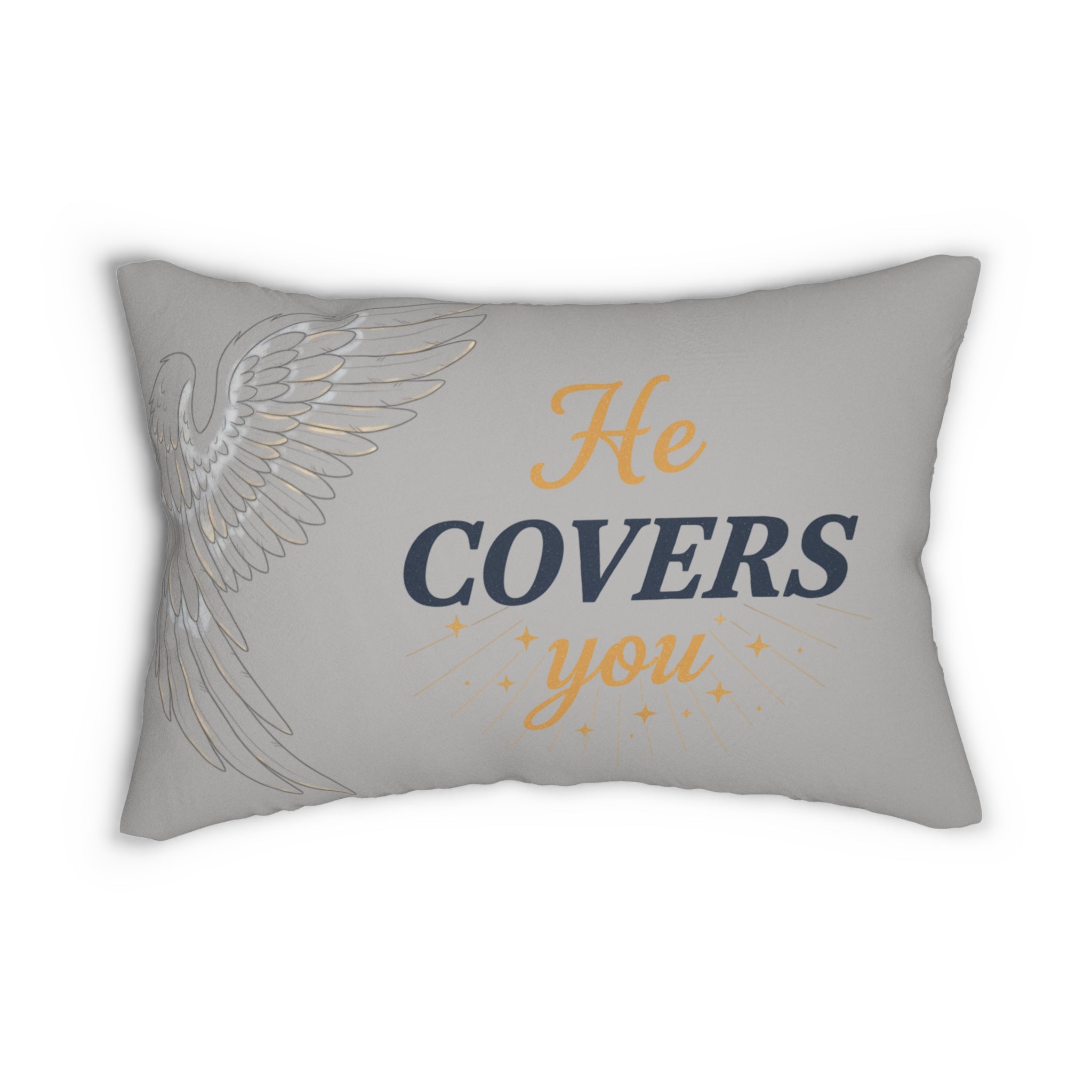 Lumbar Pillow — "He Covers You" Angel Wing Accent